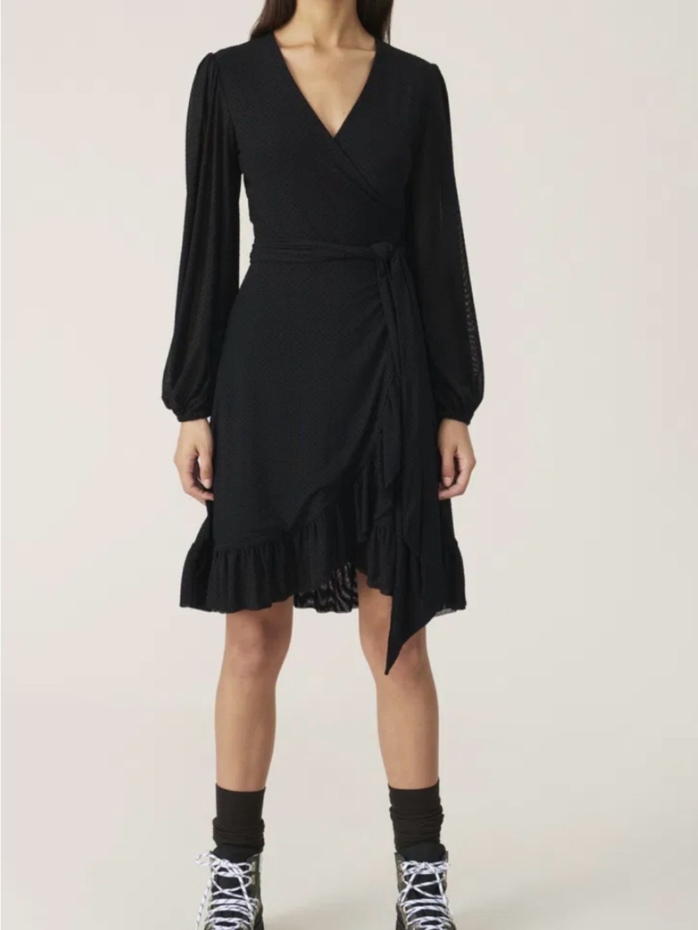 GANNI Black Dot Mesh Wrap Mini Dress Sheer Ruffle EU Size 32